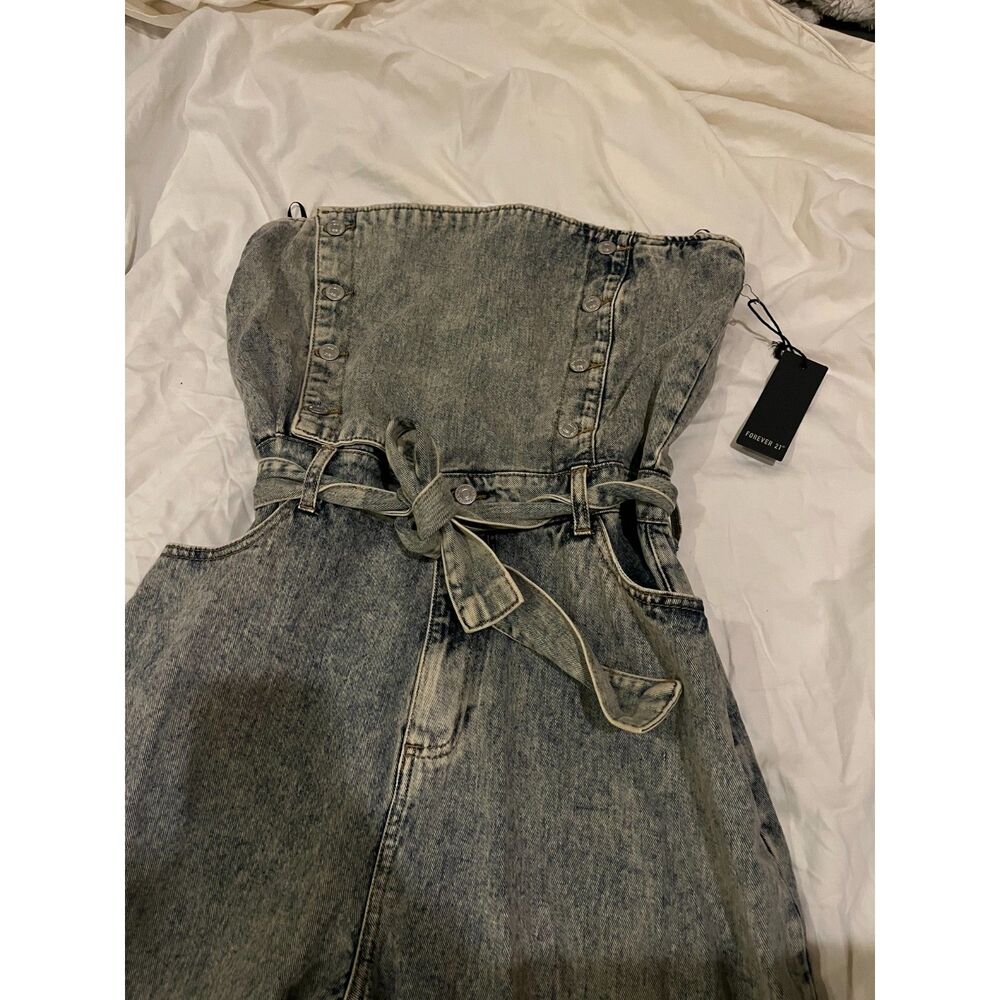 Forever 21 Acid Wash Strapless Denim Wide Leg Jumpsuit NWT